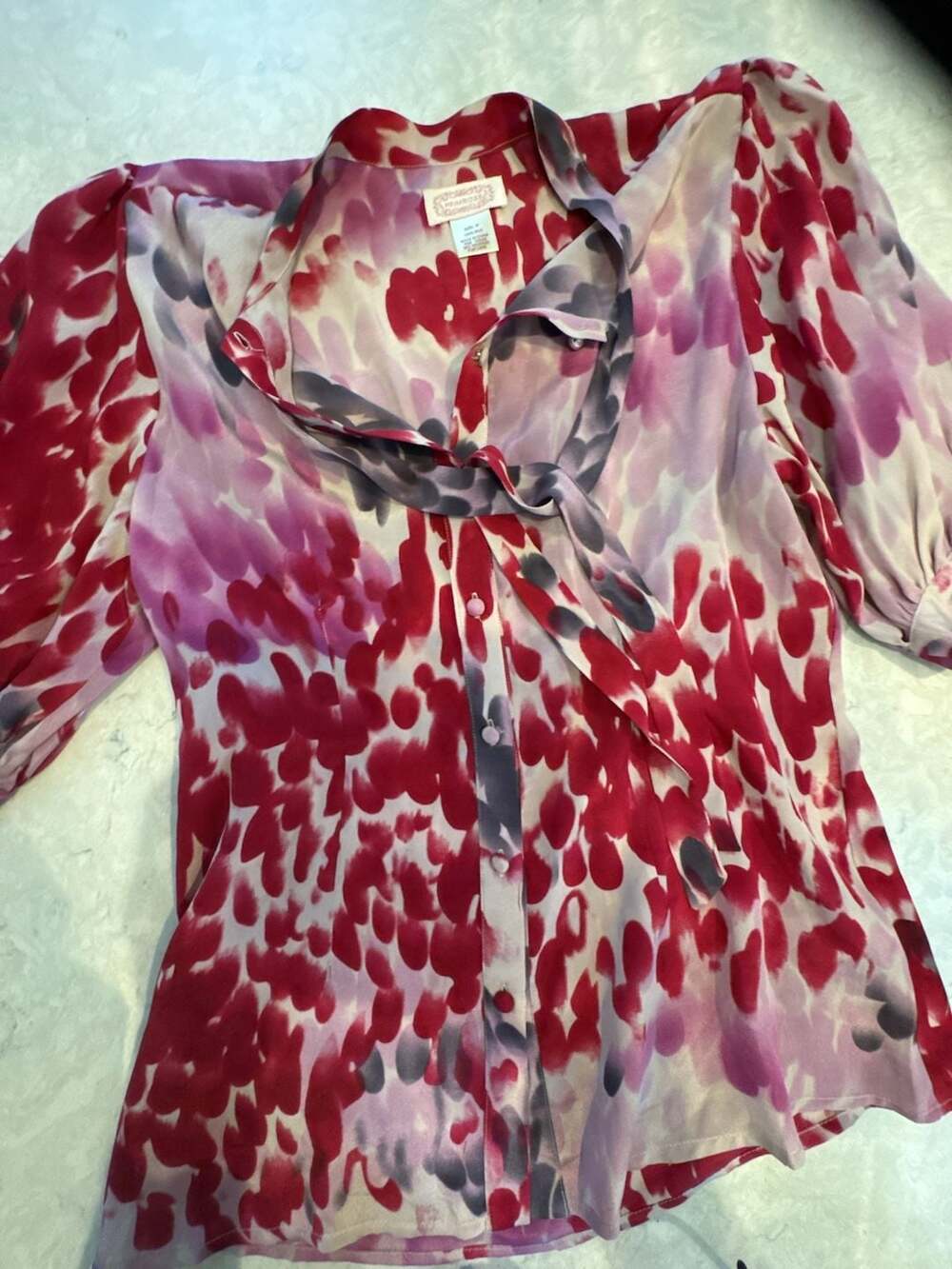 Primrose Red White Heart Print Button Up Long Sleeve Ruffle Tie Neck Blouse